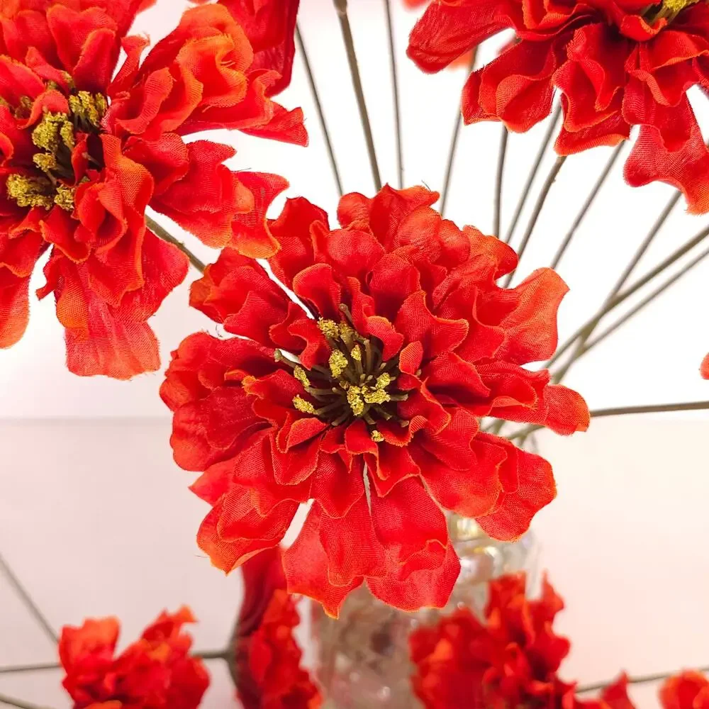 Silk Artificial Flowers Red Orange Zinnia 35 Stem Lot Floral Craft Wedding Home